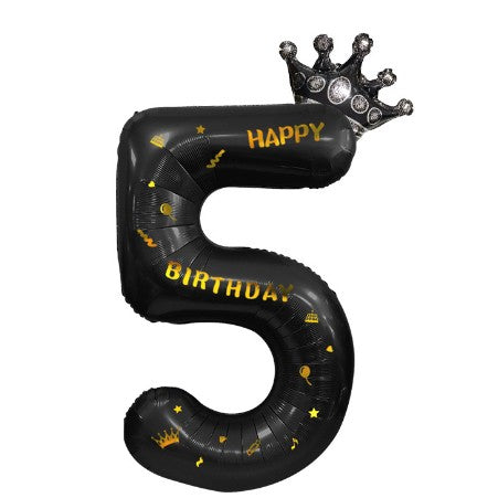 Balon Aniversar Cifra 5 cu Coroana si Mesaj Happy Birthday, Folie Metalizata, Umflare Aer sau Heliu, 100 cm, Negru