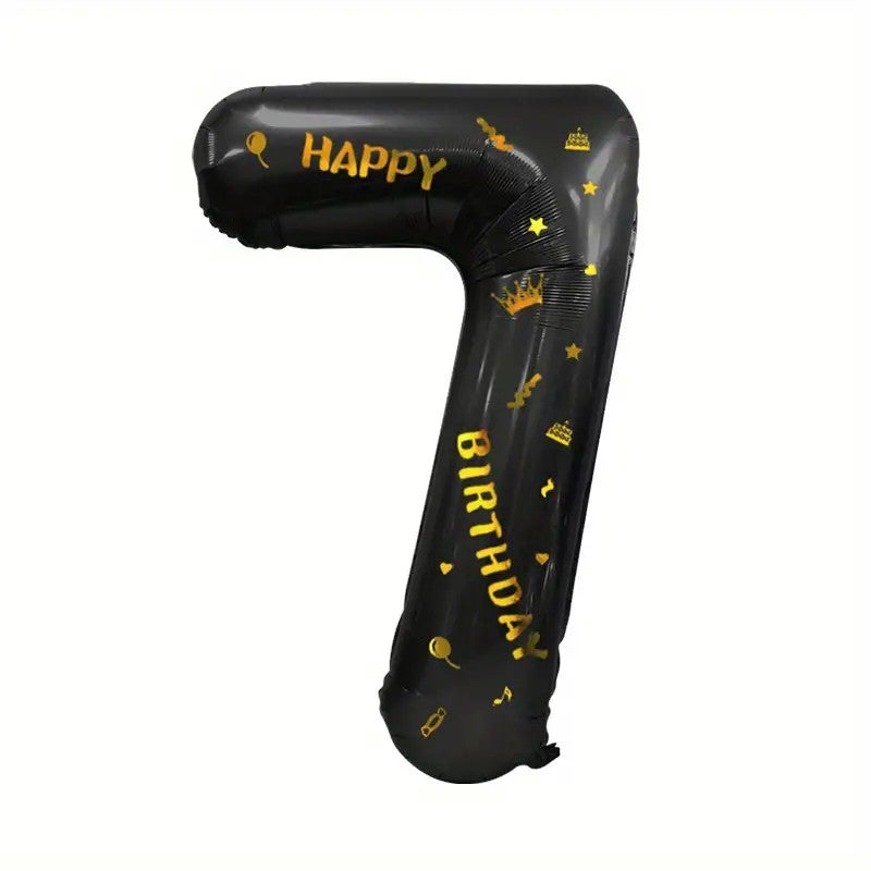 Balon Aniversar Cifra 7 Cu Coroana Si Scris Happy Birthday, Figurina Din Folie Metalizata, Umflare Aer Sau Heliu, 100 cm, Negru