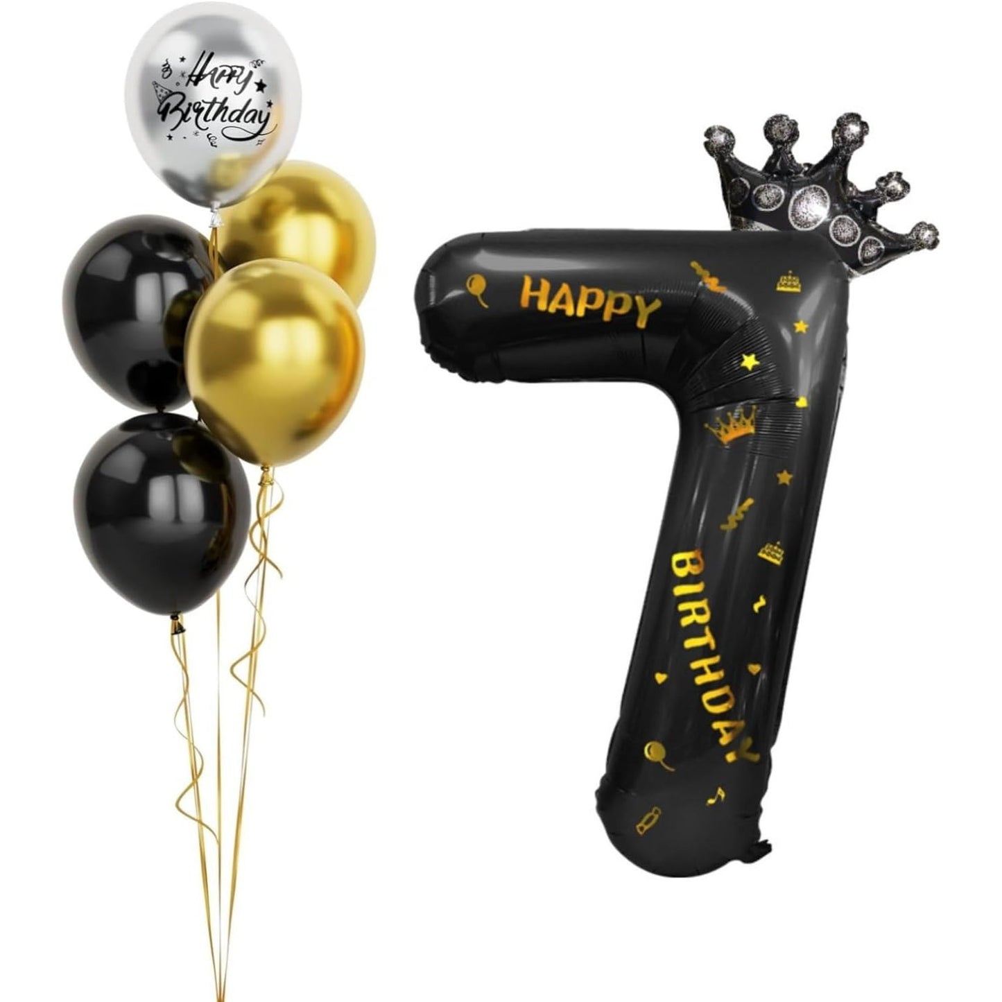 Balon Aniversar Cifra 7 Cu Coroana Si Scris Happy Birthday, Figurina Din Folie Metalizata, Umflare Aer Sau Heliu, 100 cm, Negru