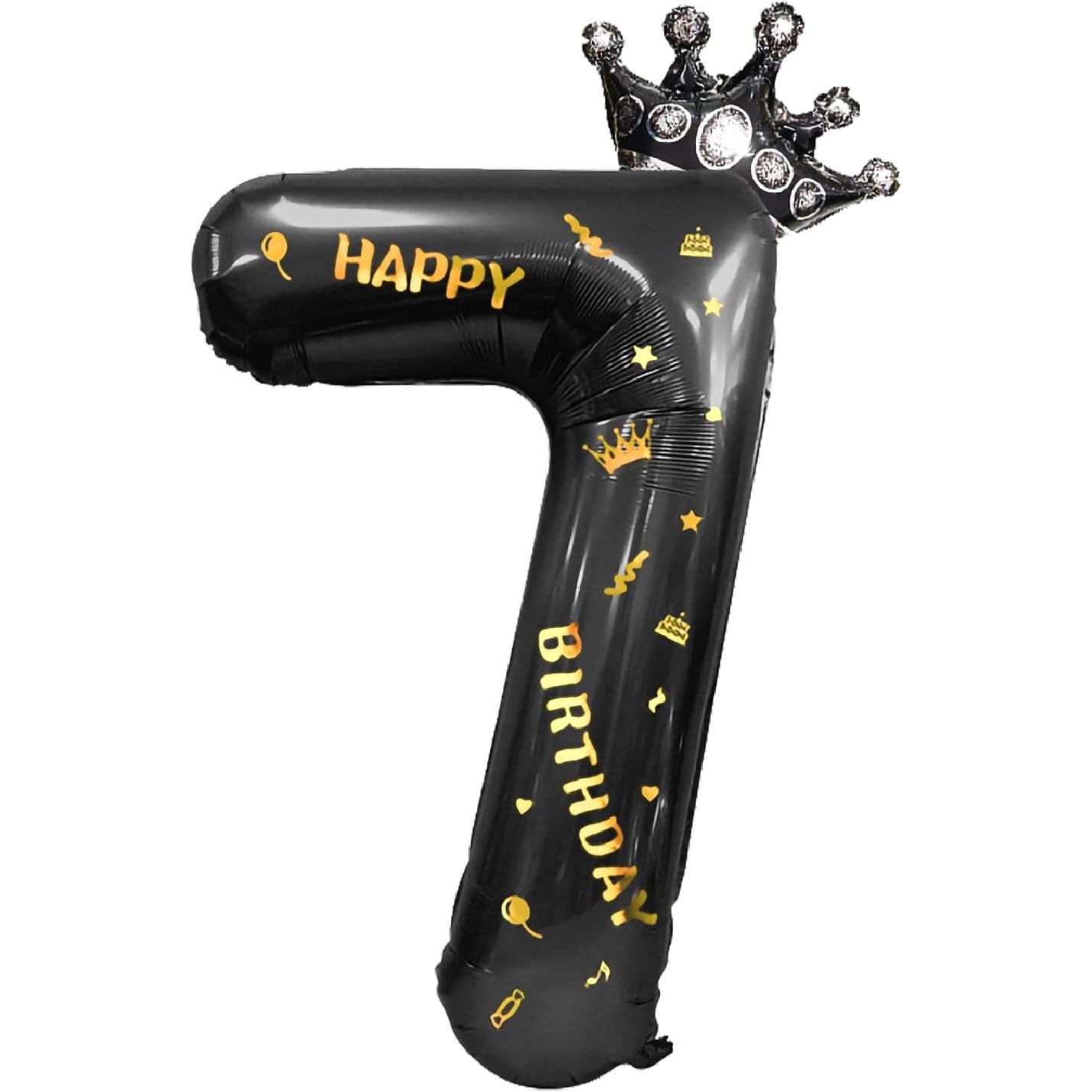 Balon Aniversar Cifra 7 Cu Coroana Si Scris Happy Birthday, Figurina Din Folie Metalizata, Umflare Aer Sau Heliu, 100 cm, Negru