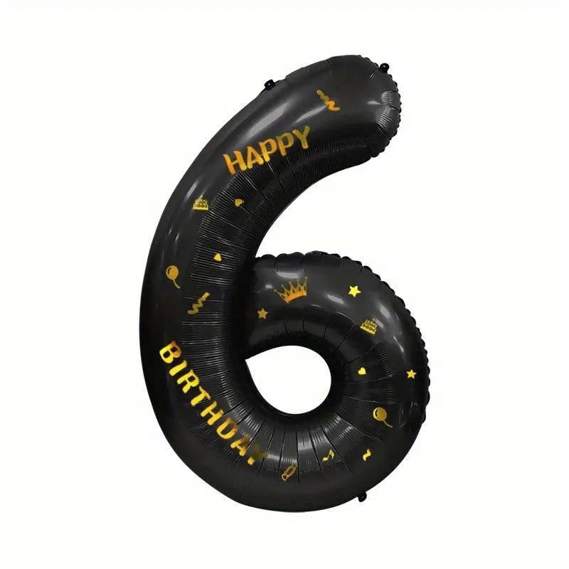 Balon Aniversar Cifra 6 cu Coroana, Folie Metalizata, Imprimeu Happy Birthday, Umflare Aer sau Heliu, Inaltime 100 cm, Negru
