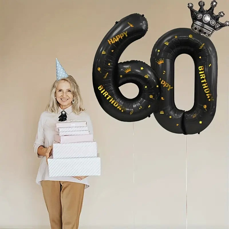 Balon Aniversar Cifra 6 cu Coroana, Folie Metalizata, Imprimeu Happy Birthday, Umflare Aer sau Heliu, Inaltime 100 cm, Negru