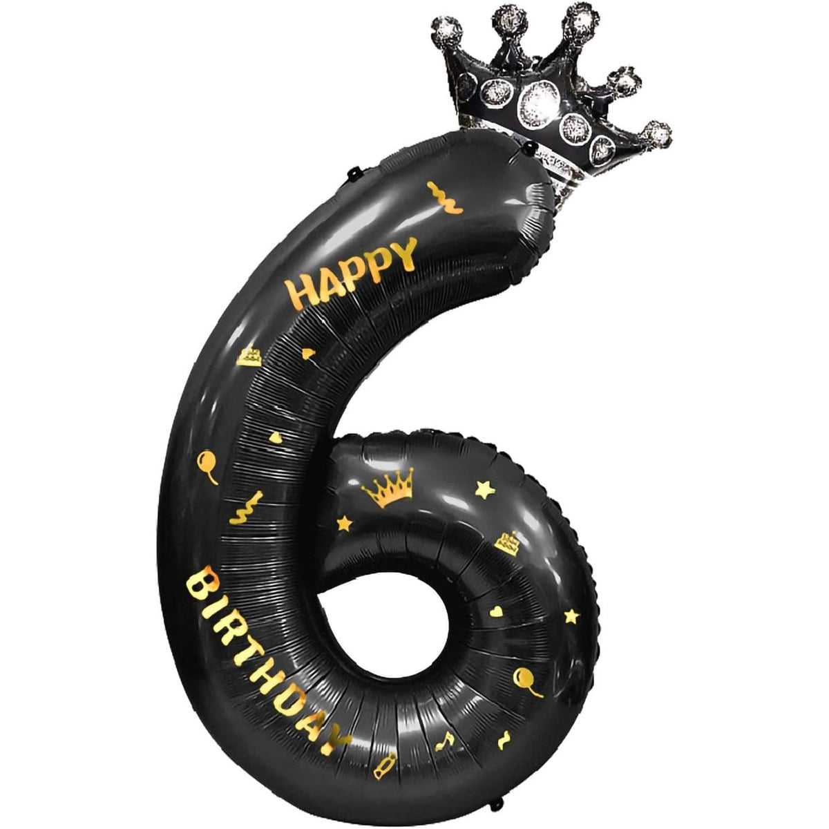 Balon Aniversar Cifra 6 cu Coroana, Folie Metalizata, Imprimeu Happy Birthday, Umflare Aer sau Heliu, Inaltime 100 cm, Negru