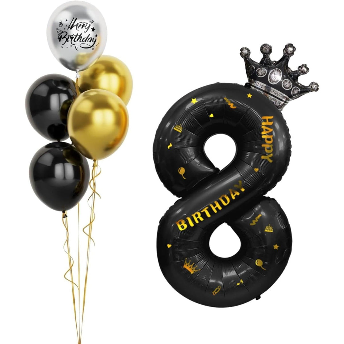 Balon Aniversar Cifra 8 cu Coroana si Scris Happy Birthday, Folie Metalizata, Umflare Aer sau Heliu, 100 cm, Negru