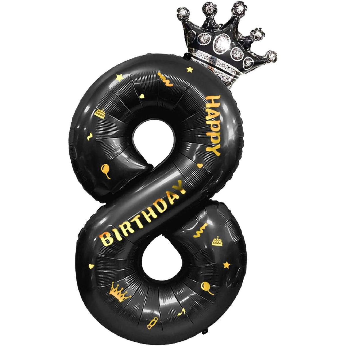 Balon Aniversar Cifra 8 cu Coroana si Scris Happy Birthday, Folie Metalizata, Umflare Aer sau Heliu, 100 cm, Negru