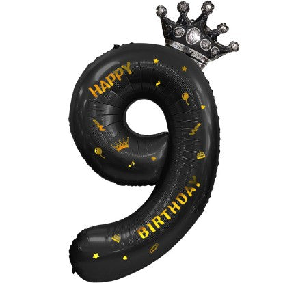 Balon Aniversar Cifra 9 cu Coroana si Scris Happy Birthday, Figurina Gigant din Folie Metalizata, Umflare Aer sau Heliu, 100 cm, Negru