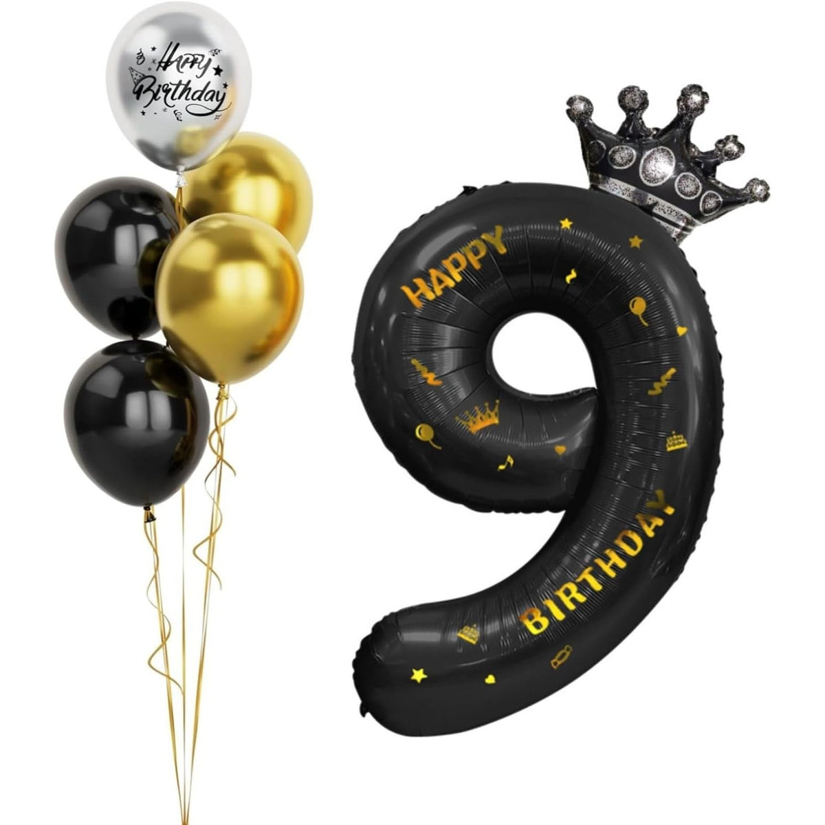 Balon Aniversar Cifra 9 cu Coroana si Scris Happy Birthday, Figurina Gigant din Folie Metalizata, Umflare Aer sau Heliu, 100 cm, Negru
