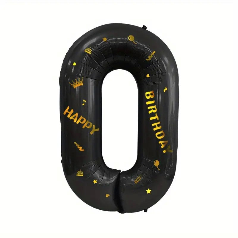 Balon Aniversar Cifra 0 cu Coroana si Scris Happy Birthday, Figurina Gigant din Folie Metalizata, Umflare Aer sau Heliu, 100 cm, Negru