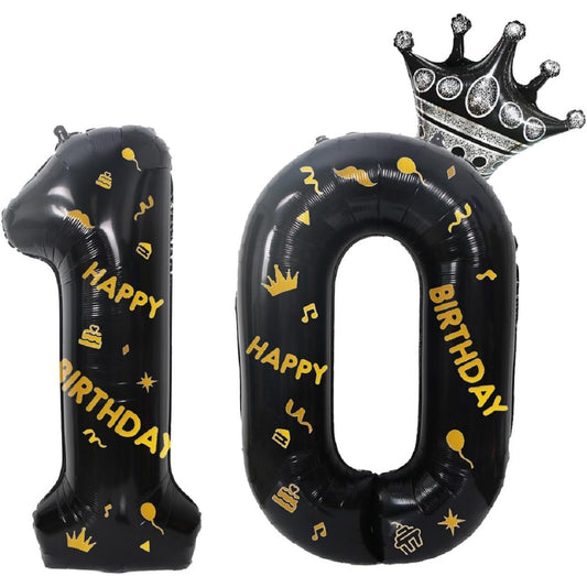 Balon Aniversar Cifra 0 cu Coroana si Scris Happy Birthday, Figurina Gigant din Folie Metalizata, Umflare Aer sau Heliu, 100 cm, Negru
