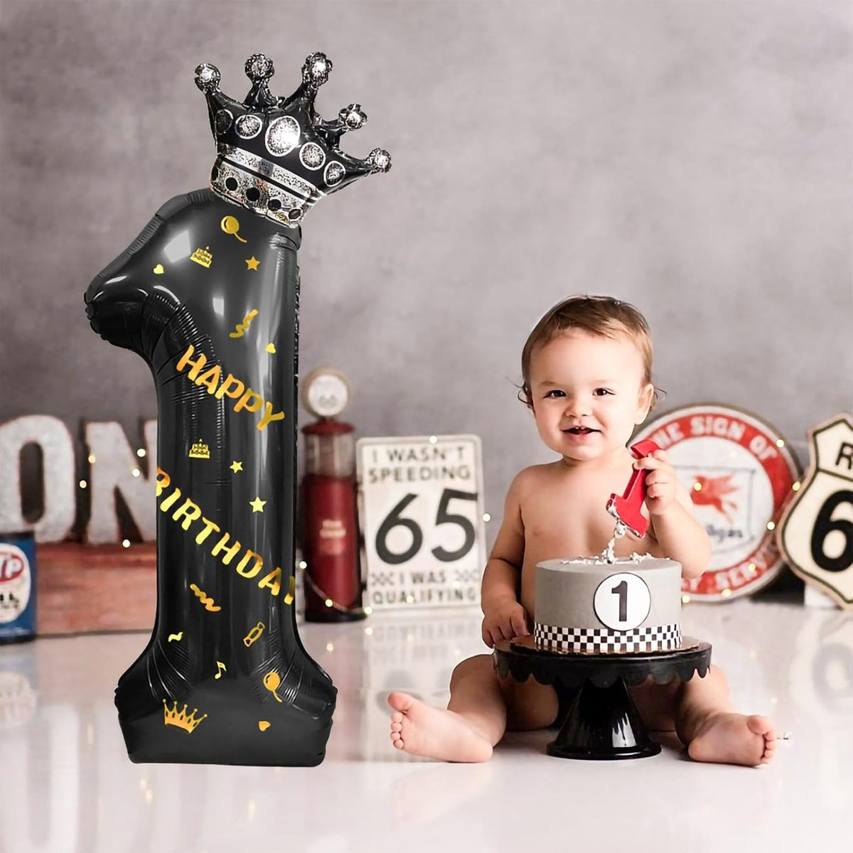 Balon Aniversar Cifra 1, Figurina cu Coroana si Scris Happy Birthday, Folie Metalizata, Umflare Aer sau Heliu, Inaltime 100 cm, Negru