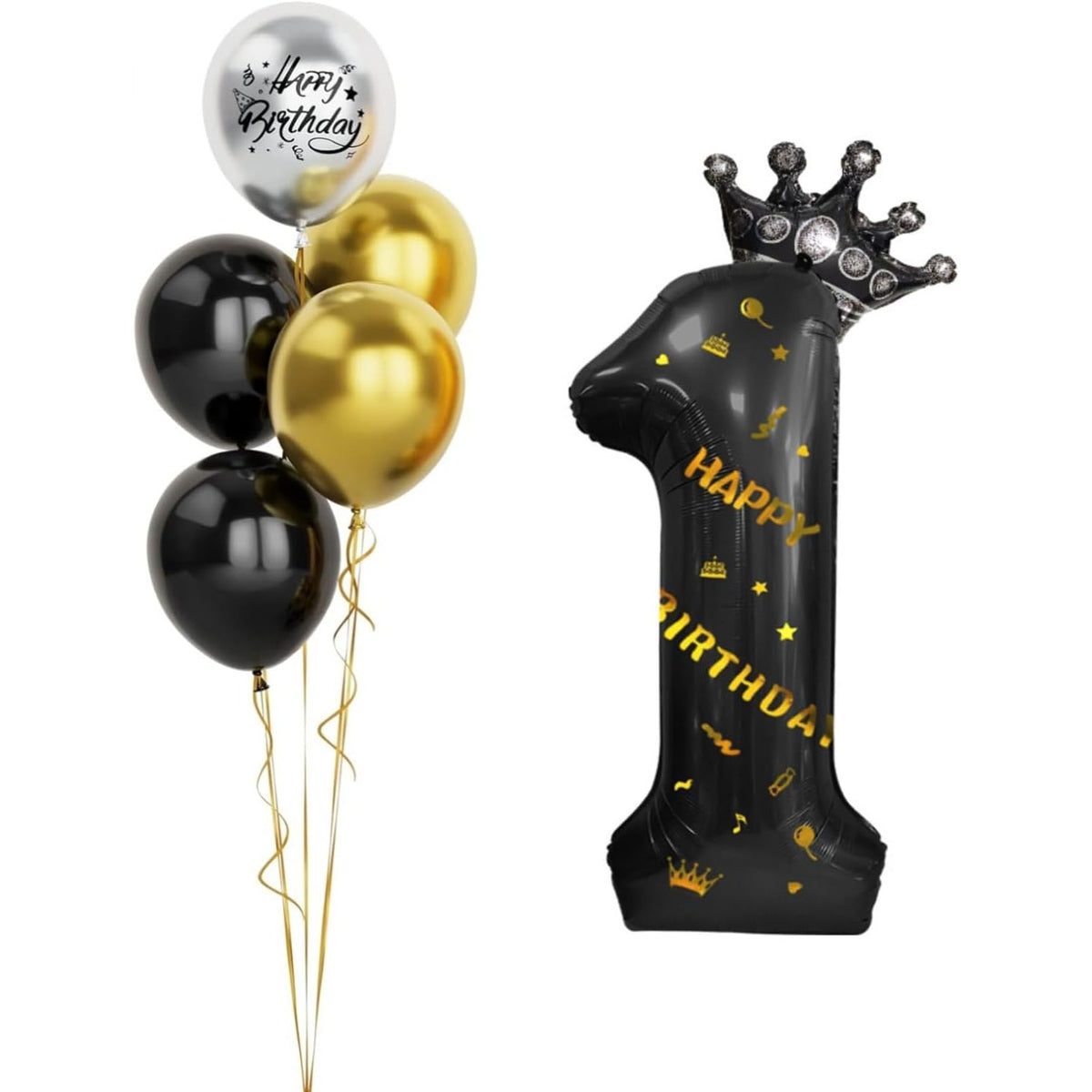 Balon Aniversar Cifra 1, Figurina cu Coroana si Scris Happy Birthday, Folie Metalizata, Umflare Aer sau Heliu, Inaltime 100 cm, Negru