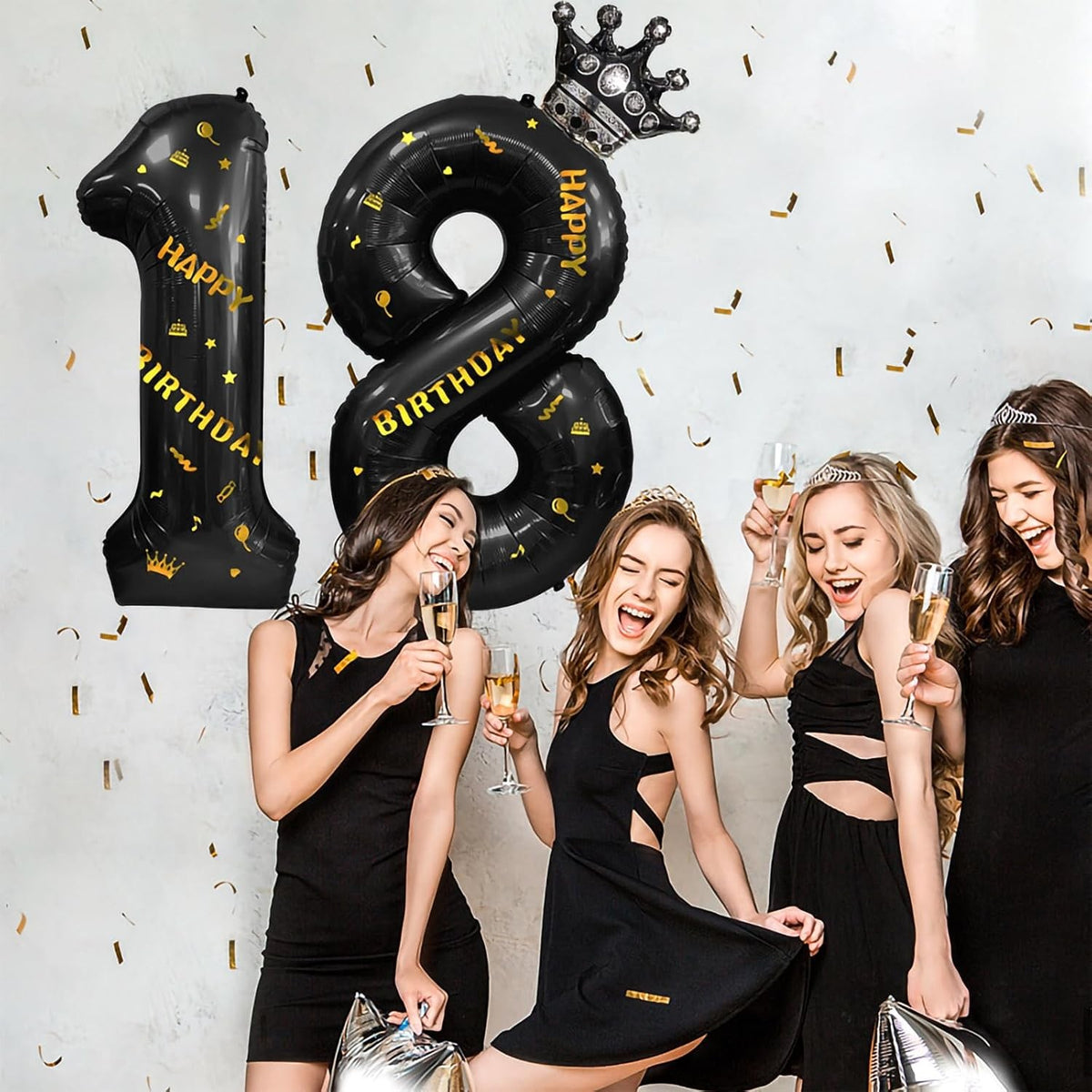 Balon Aniversar Cifra 1, Figurina cu Coroana si Scris Happy Birthday, Folie Metalizata, Umflare Aer sau Heliu, Inaltime 100 cm, Negru