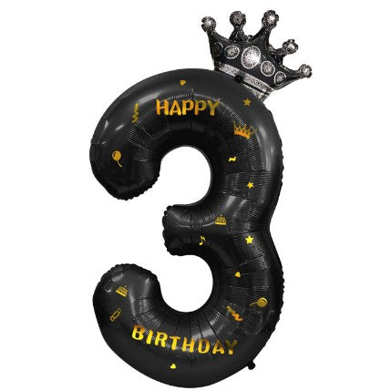 Balon Aniversar Cifra 3 cu Coroana, Folie Metalizata, Model Happy Birthday, Umflare Aer sau Heliu, Inaltime 100 cm, Pai Inclus, Negru