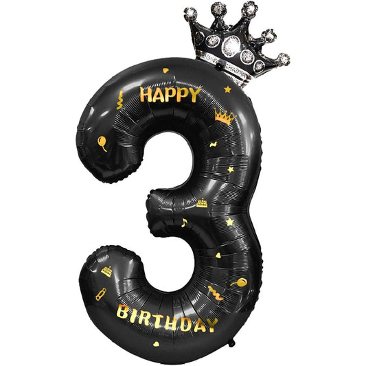 Balon Aniversar Cifra 3 cu Coroana, Folie Metalizata, Model Happy Birthday, Umflare Aer sau Heliu, Inaltime 100 cm, Pai Inclus, Negru
