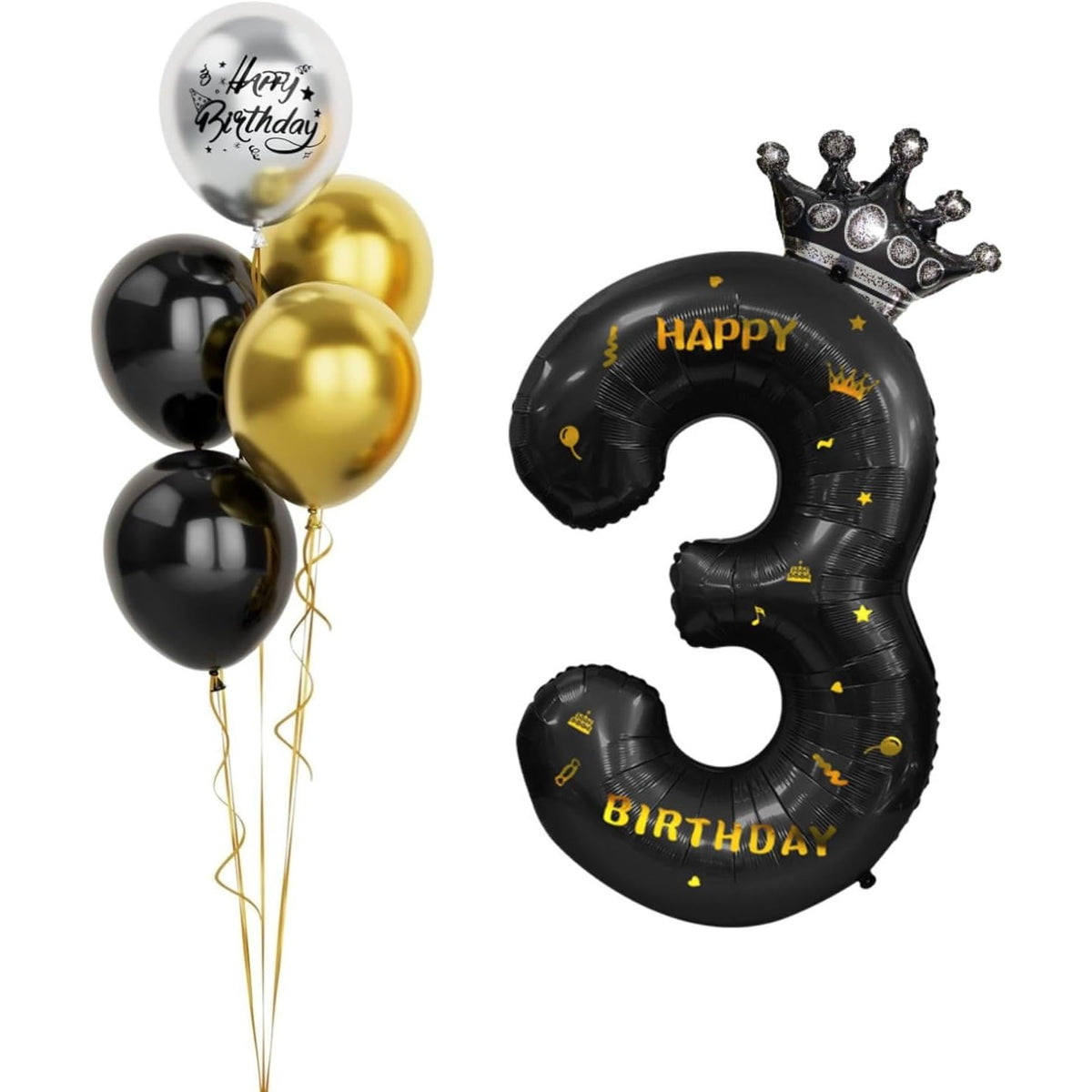 Balon Aniversar Cifra 3 cu Coroana, Folie Metalizata, Model Happy Birthday, Umflare Aer sau Heliu, Inaltime 100 cm, Pai Inclus, Negru