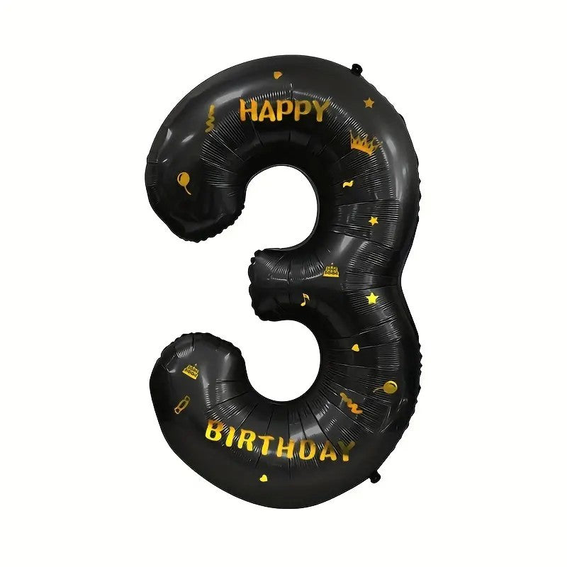 Balon Aniversar Cifra 3 cu Coroana, Folie Metalizata, Model Happy Birthday, Umflare Aer sau Heliu, Inaltime 100 cm, Pai Inclus, Negru