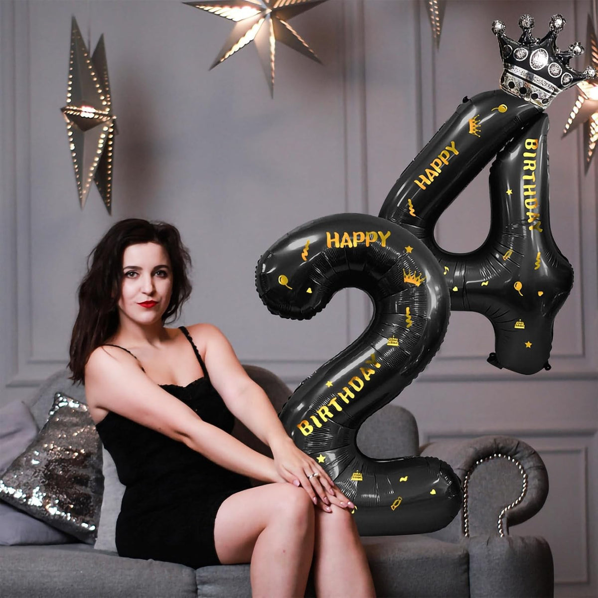 Balon Aniversar Cifra 2 cu Coroana si Scris Happy Birthday, Folie Metalizata, Figurina Gigant 100 cm, Set cu Pai Inclus, Umflare Aer sau Heliu, Negru