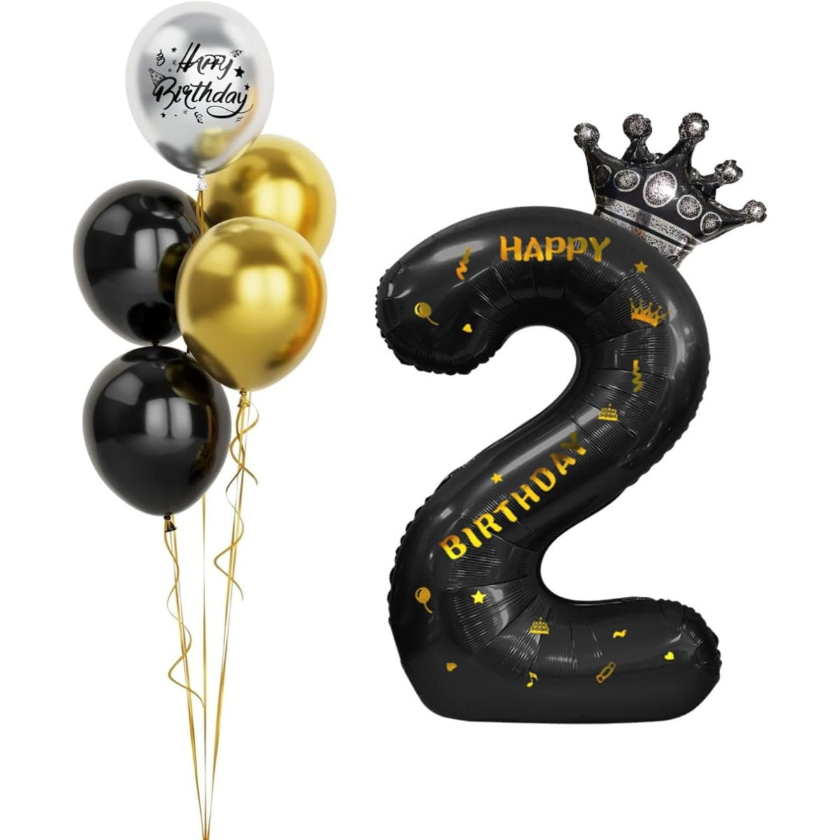 Balon Aniversar Cifra 2 cu Coroana si Scris Happy Birthday, Folie Metalizata, Figurina Gigant 100 cm, Set cu Pai Inclus, Umflare Aer sau Heliu, Negru