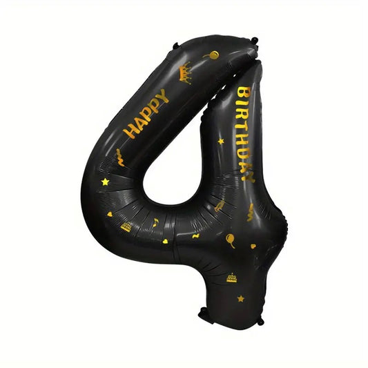 Balon Aniversar Cifra 4, Imprimeu Happy Birthday, Folie Metalizata, Umflare Aer sau Heliu, Inaltime 100 cm, Negru, Pai Inclus