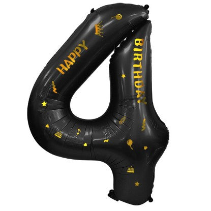 Balon Aniversar Cifra 4, Imprimeu Happy Birthday, Folie Metalizata, Umflare Aer sau Heliu, Inaltime 100 cm, Negru, Pai Inclus
