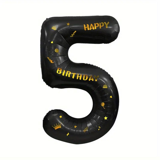 Balon Aniversar Cifra 5, Figurina Gigant Scris Happy Birthday, Folie Metalizata, Umflare Aer sau Heliu, 100 cm, Negru