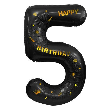 Balon Aniversar Cifra 5, Figurina Gigant Scris Happy Birthday, Folie Metalizata, Umflare Aer sau Heliu, 100 cm, Negru