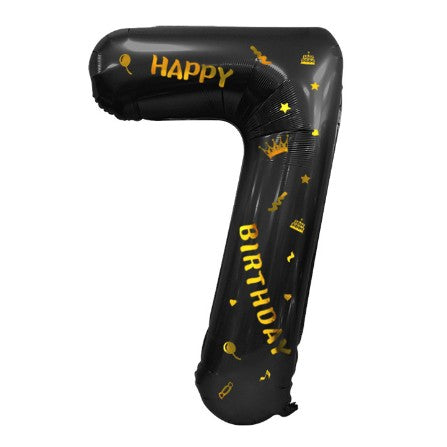 Balon Aniversar Cifra 7, Imprimeu Happy Birthday, Folie Metalizata, Umflare Aer sau Heliu, Inaltime 100 cm, Negru