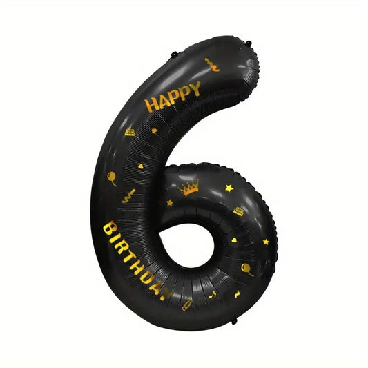 Balon Aniversar Cifra 6, Figurina cu Mesaj Happy Birthday, Folie Metalizata, Compatibil Aer sau Heliu, 100 cm, Negru