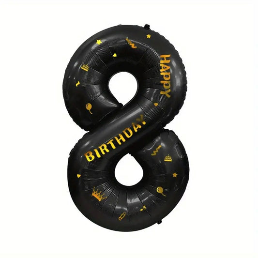 Balon Aniversar Cifra 8, Figurina din Folie Metalizata, Imprimeu Happy Birthday, Umflare Aer sau Heliu, Inaltime 100 cm, Pai Inclus, Negru