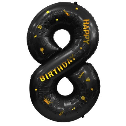 Balon Aniversar Cifra 8, Figurina din Folie Metalizata, Imprimeu Happy Birthday, Umflare Aer sau Heliu, Inaltime 100 cm, Pai Inclus, Negru