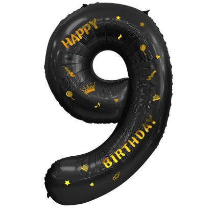 Balon Aniversar Cifra 9, Figurina Gigant Happy Birthday, Folie Metalizata, Umflare Aer sau Heliu, 100 cm, Negru