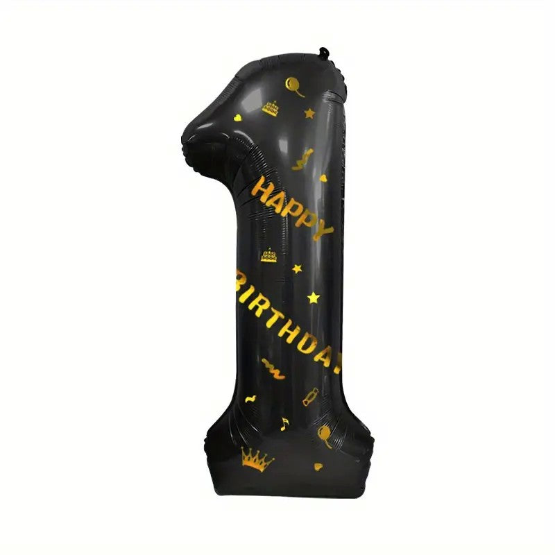 Balon Din Folie Metalizata, Figurina Cifra 1 Cu Scris Happy Birthday, Decoratiune Aniversare, Aluminiu, Umflare Aer Sau Heliu, 100 cm, Negru