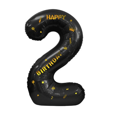 Balon Aniversar Cifra 2, Imprimeu Happy Birthday, Folie Aluminiu Metalizata, Umflare Aer sau Heliu, 100 cm, Negru
