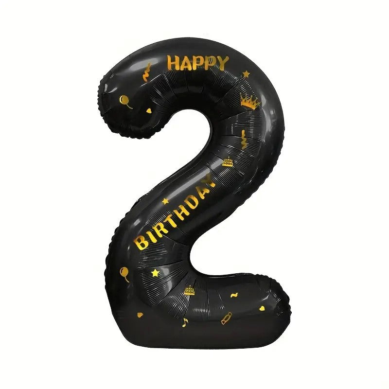 Balon Aniversar Cifra 2, Imprimeu Happy Birthday, Folie Aluminiu Metalizata, Umflare Aer sau Heliu, 100 cm, Negru