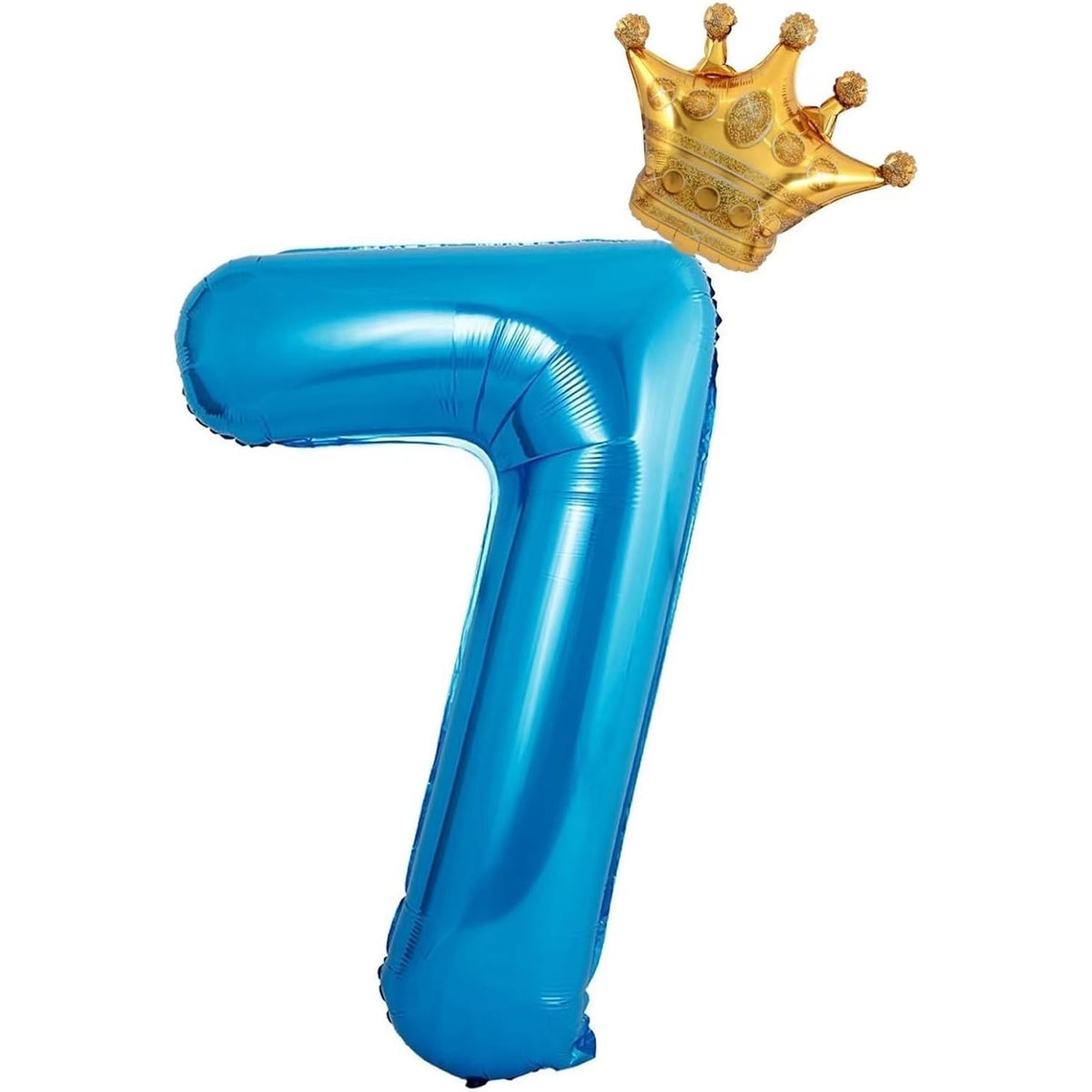 Balon Aniversar Cifra 7 cu Coroana, Figurina din Folie Metalizata, Umflare Aer sau Heliu, Include Pai, 100 cm, Albastru