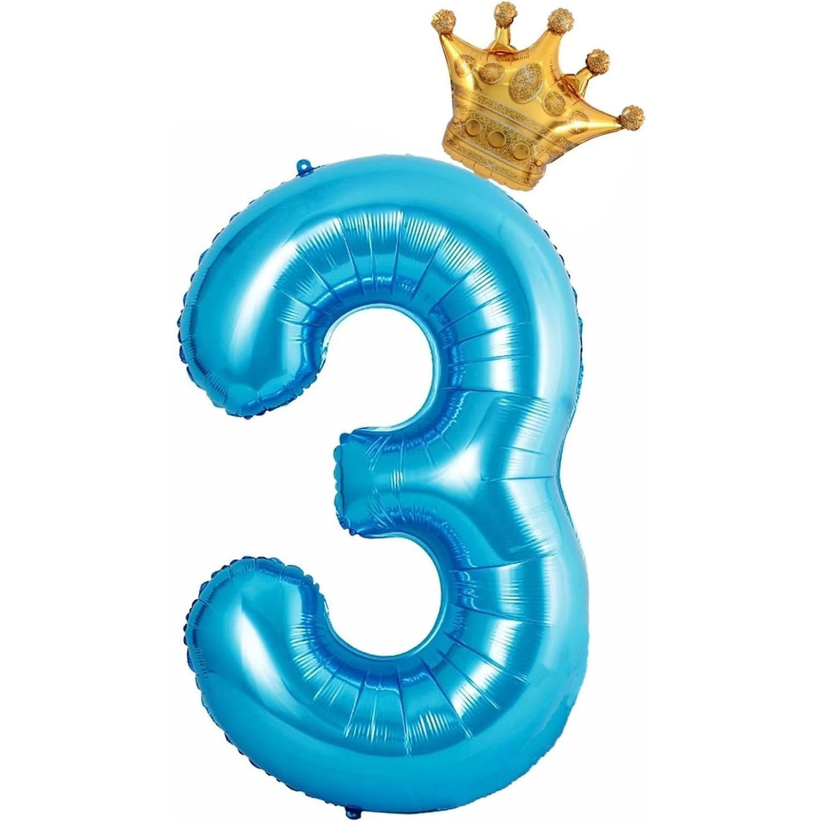 Balon Aniversar Cifra 3 cu Coroana, Folie Metalizata, Umflare Aer sau Heliu, Inaltime 100 cm, Pai Inclus, Albastru