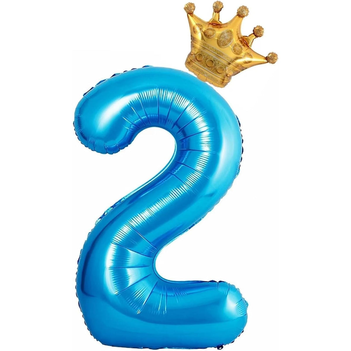 Balon Aniversar Cifra 2 cu Coroana, Figurina Uriasa din Folie Metalizata, Umflare cu Aer sau Heliu, Set cu Pai Inclus, 100 cm, Albastru