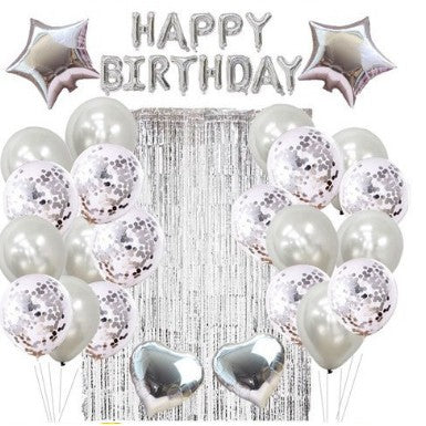 Set 24 Baloane Petrecere, Latex cu Paiete si Folie Aluminiu, Include Perdea Decorativa 1x2 m si Ribon, Argintiu