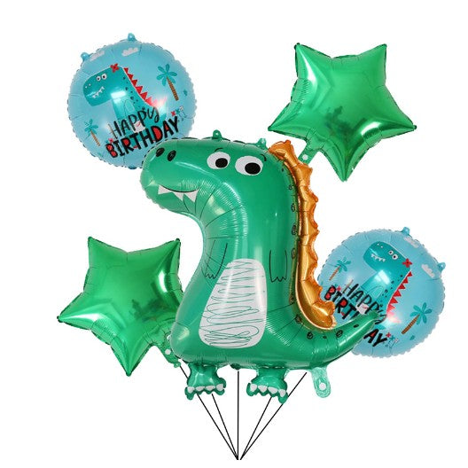Set 5 Baloane Aniversare Tematice Dinozaur, Figurina Dinozaur si Stelute, Folie Aluminiu, 50-70 cm, Verde si Albastru