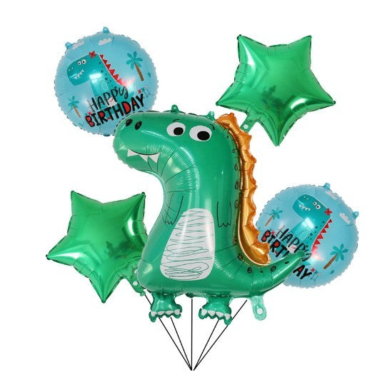 Set 5 Baloane Aniversare Tematice Dinozaur, Figurina Dinozaur si Stelute, Folie Aluminiu, 50-70 cm, Verde si Albastru