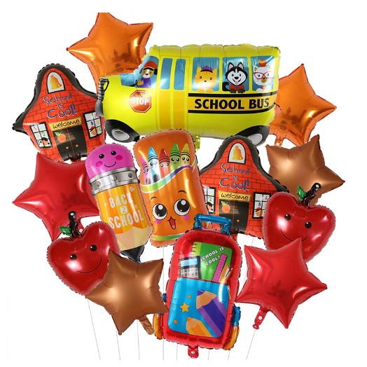 Set 12 Baloane Decorative Back To School, Figurine Tematice Autobuz, Mere si Rechizite, Folie Aluminiu, 40 x 80 cm, Rosu Multicolor, Accesorii Incluse