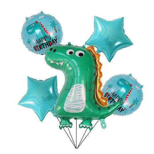 Set 5 Baloane Aniversare Dinozaur, Tematică Happy Birthday cu Steluțe, Folie Aluminiu, 50-70 cm, Albastru