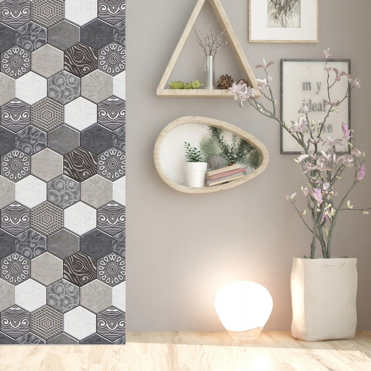 Tapet Autocolant 3D, Placi Autoadezive cu Model Marmura Hexagonala, Panouri Decorative Impermeabile pentru Bucatarie si Sufragerie, Textura Piatra Culturala, 10 Bucati, 30x30 cm