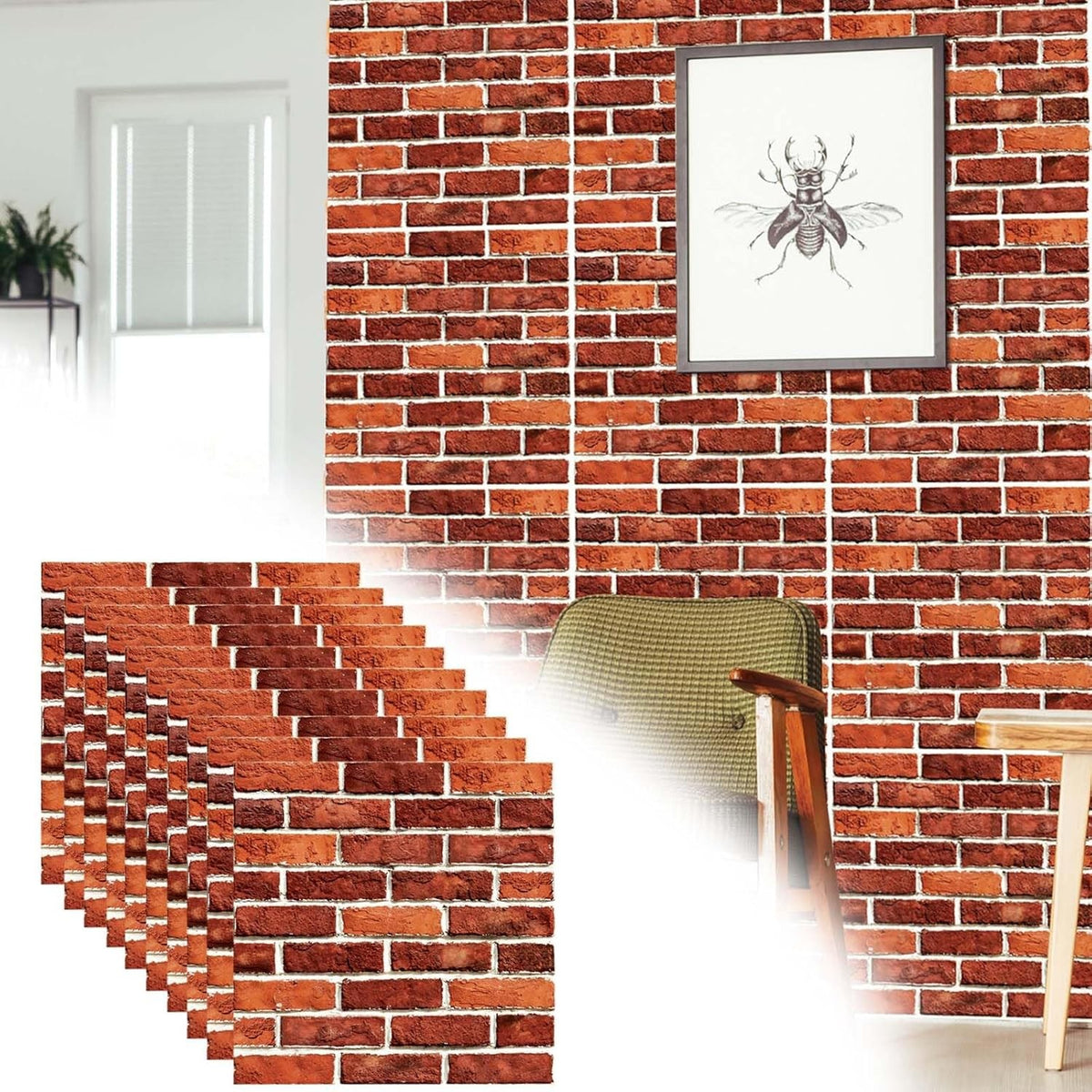 Tapet Autocolant 3D, Placi Autoadezive Model Caramida, Decor Perete Texturat, Material Impermeabil si Lavabil, 30x30 cm, Rosu, Set 10 Bucati