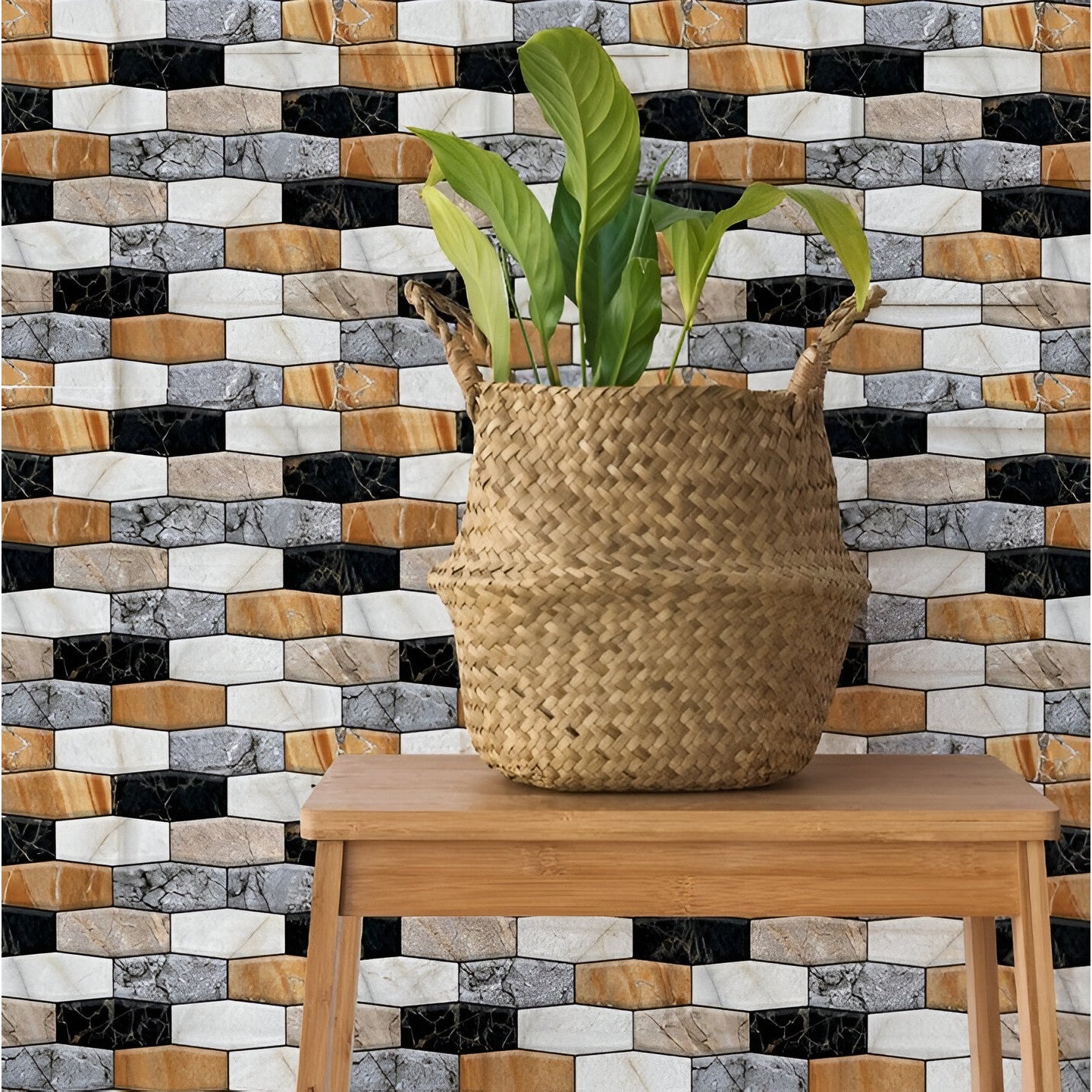 Set 10 Placi Tapet Autocolant 3D, Model Marmura Asimetrica, Panouri Autoadezive Impermeabile pentru Perete, Bucatarie si Sufragerie, 30x30 cm, Maro/Gri/Negru