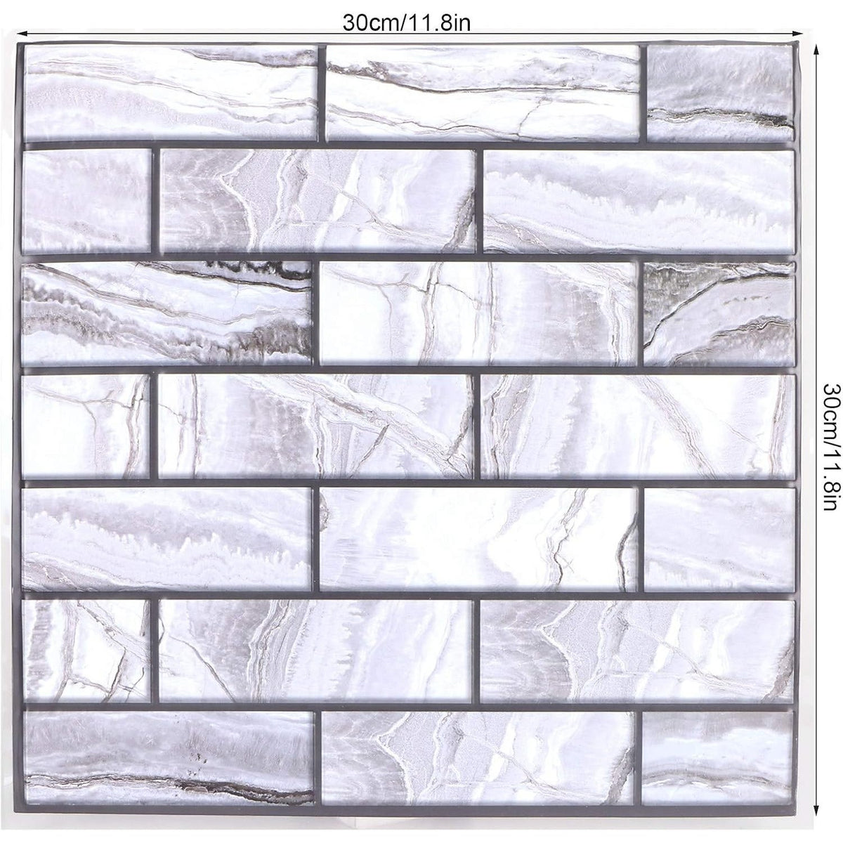Set 10 Placi Tapet Autocolant 3D, Model Marmura Dreptunghiulara, Panouri Autoadezive Impermeabile pentru Perete, PVC, 30x30 cm, Gri