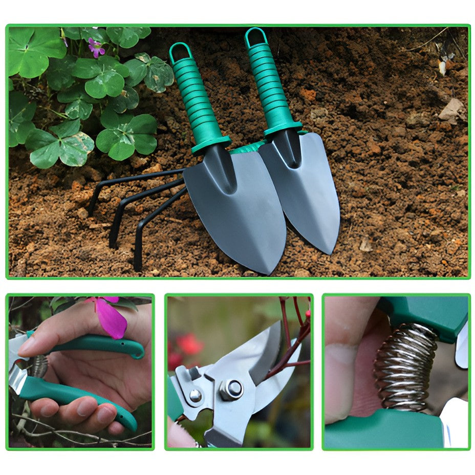 Set Unelte Gradinarit Pentru Plantare Si Ingrijire Plante, Accesorii Gradina Cu Maner Ergonomic, Otel Si Plastic, 12 Piese Cu Cutie Depozitare, 37x28 cm, Verde