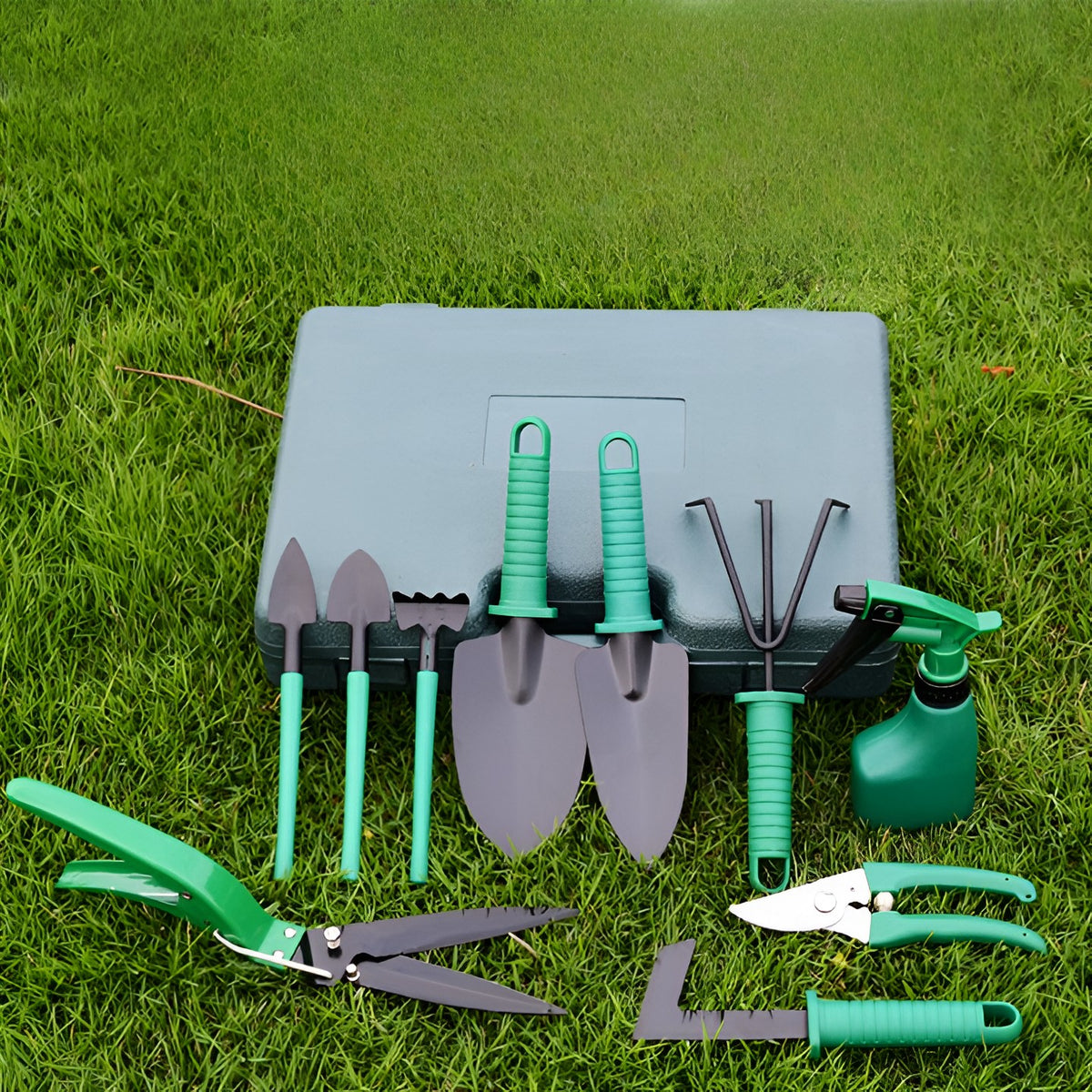 Set Unelte Gradinarit Pentru Plantare Si Ingrijire Plante, Accesorii Gradina Cu Maner Ergonomic, Otel Si Plastic, 12 Piese Cu Cutie Depozitare, 37x28 cm, Verde