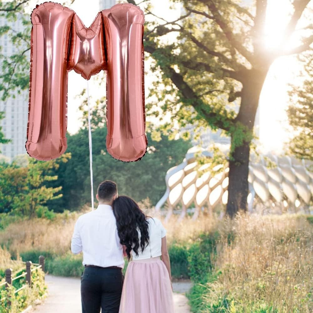 Balon Folie Metalizata Litera M, Reutilizabil pentru Aer sau Heliu, Material Aluminiu Rezistent, Pai Inclus, 80 cm, Rose Gold