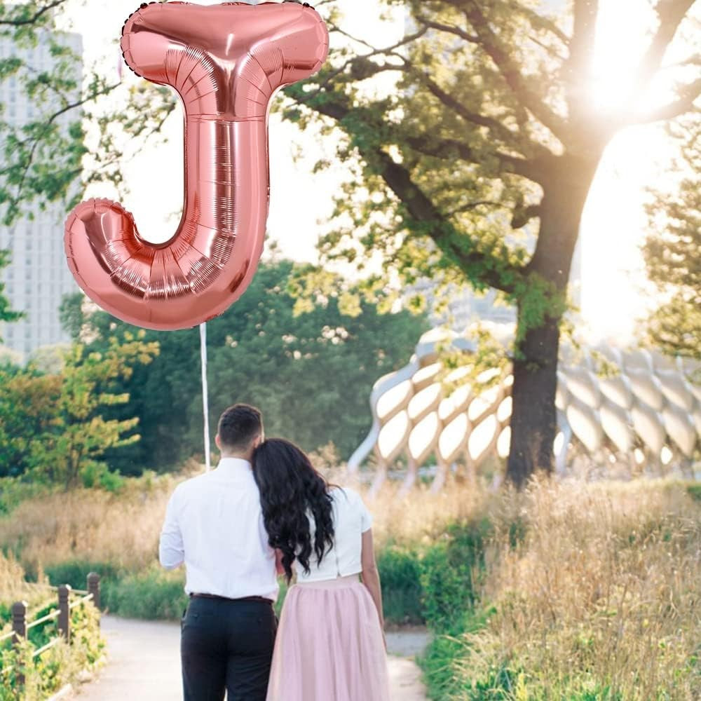 Balon Folie Metalizata Litera J, Decoratiune Aniversara pentru Aer sau Heliu, Folie Aluminiu cu Pai Inclus, Rose Gold, 80 cm
